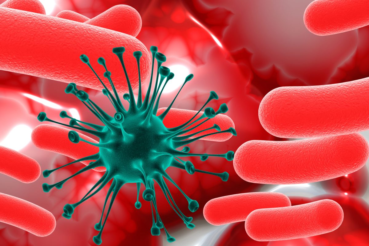 3D render of a medical background with virus among blood cells